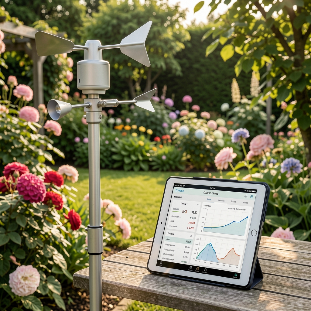 Kućna meteorološka stanica u bašti sa anemometrom i kišomerom uz prikaz podataka na tabletu u letnjoj bašti