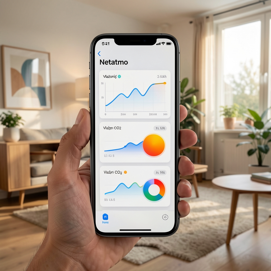 Netatmo smartphone aplikacija na iPhone-u prikazujući grafikone temperature, vlažnosti i CO2 u stanu