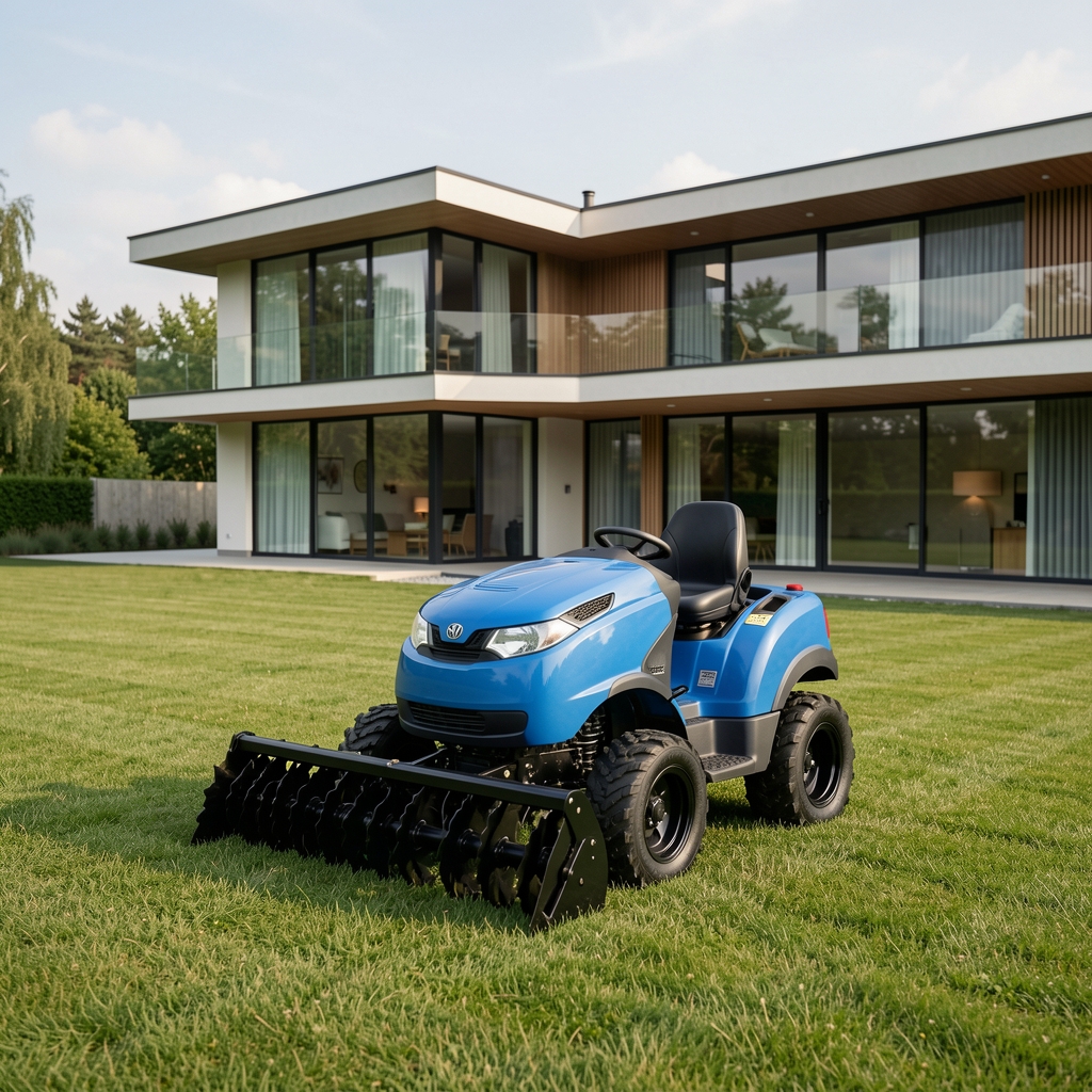 Bosch Indego S+ 500 robotska kosačica plave i crne boje, zaobljenog dizajna, prikazana na ravnom travnjaku ispred modernog dvorišta