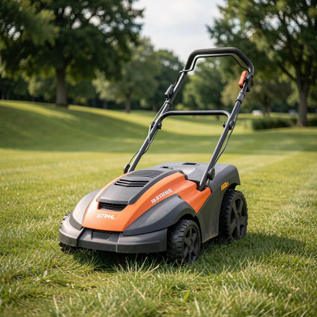STIHL iMOW 7.0 robotska kosačica narandžaste i crne boje, robusnog izgleda, prikazana na blagoj kosini travnjaka