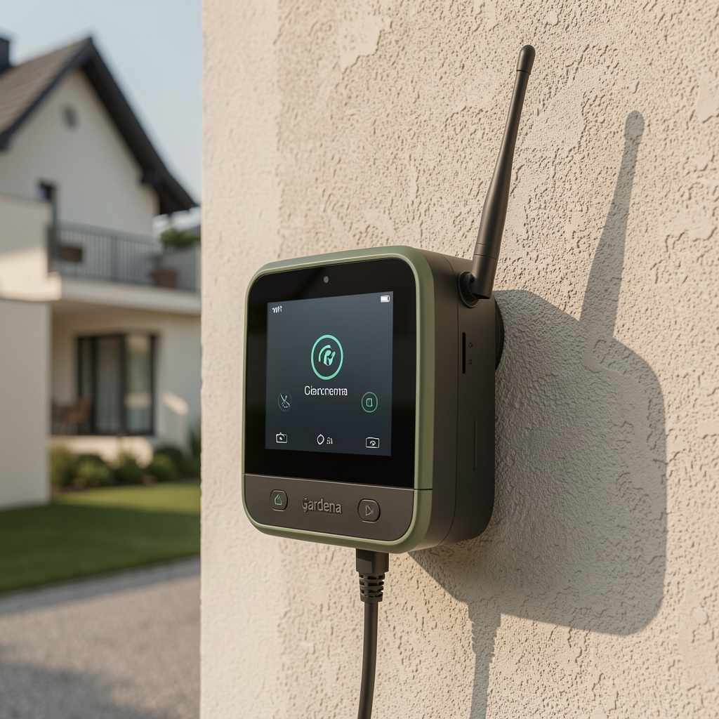 Gardena smart pump kontroler bele boje sa touch ekranom i Wi-Fi antenom na zidu vrtne kuće