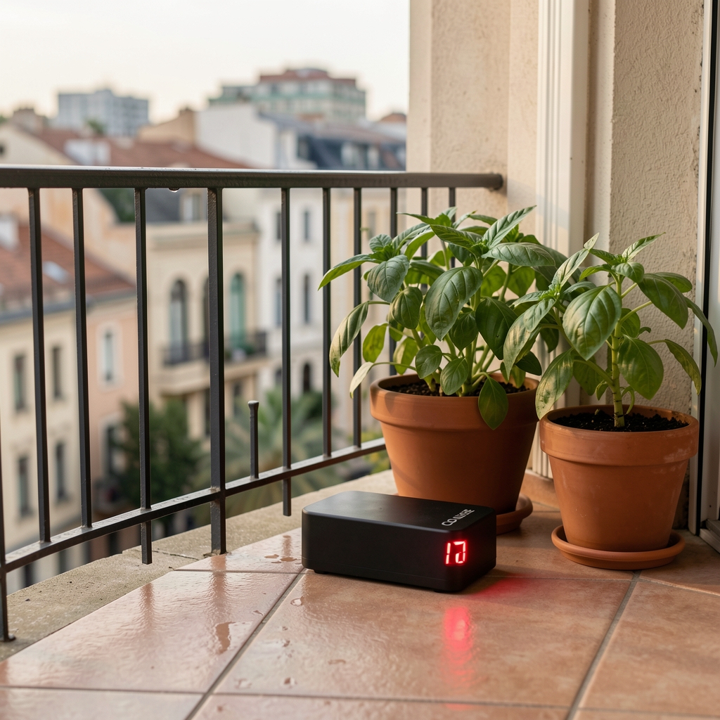 Govee H5052 senzor vlage tla i temperature u gradskom balkonu sa paradajzom, crven LED indikator