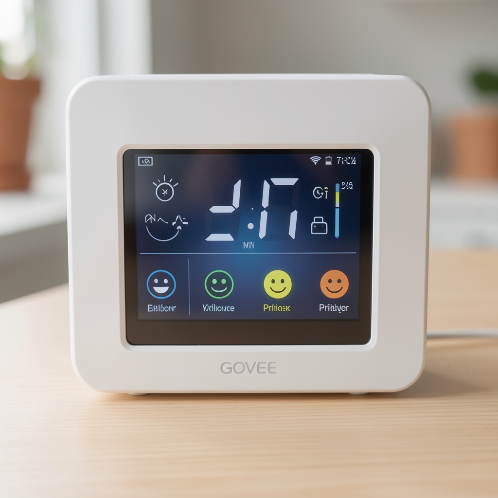 Govee H5052 beli digitalni senzor temperature i vlage sa velikim LCD ekranom i ikonicama za smiley-face prikaz komfora