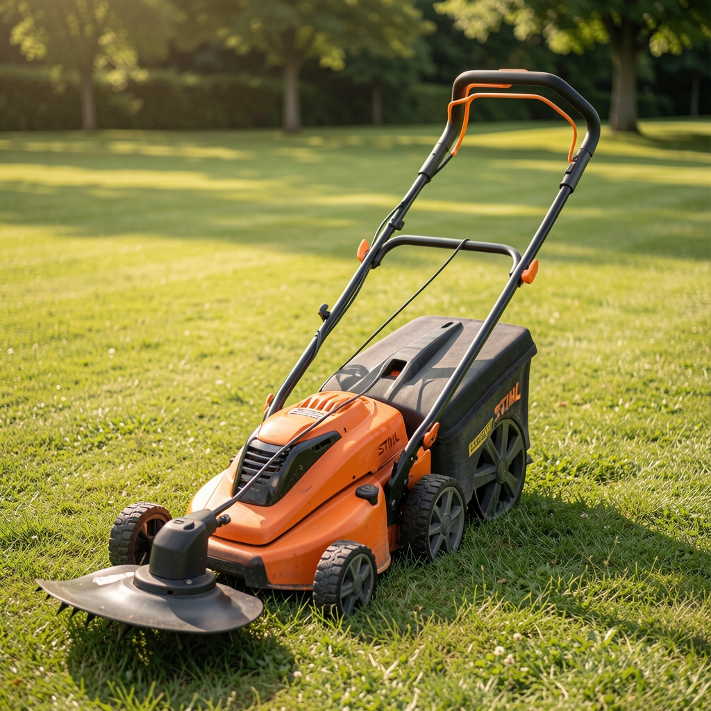 STIHL MSA 200 C-BQ akumulatorska kosa za travu narandžaste i crne boje sa zaštitnom pločom na zelenom travnjaku