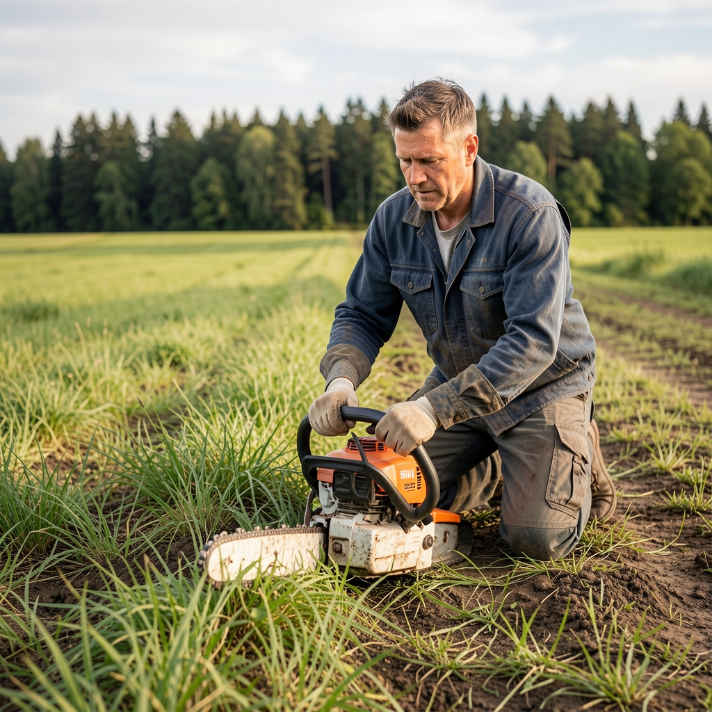 Korisnik koji koristi STIHL MSA 200 za oblikovanje ivica livade pored ivičnjaka